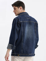 Men Solid Spread Collar Navy Blue Denim Jacket-IB-K10-6-Navyblue