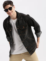 Men Solid Spread Collar Black Denim Jacket-IB-K11-1-Black