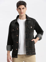 Men Solid Spread Collar Black Denim Jacket-IB-K11-1-Black