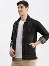 Men Solid Spread Collar Black Denim Jacket-IB-K11-1-Black