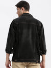 Men Solid Spread Collar Black Denim Jacket-IB-K11-1-Black