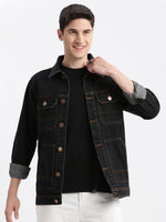 Men Solid Spread Collar Black Denim Jacket-IB-K11-2-Black