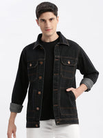 Men Solid Spread Collar Black Denim Jacket-IB-K11-2-Black