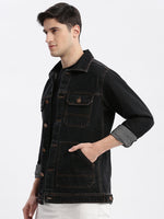 Men Solid Spread Collar Black Denim Jacket-IB-K11-2-Black