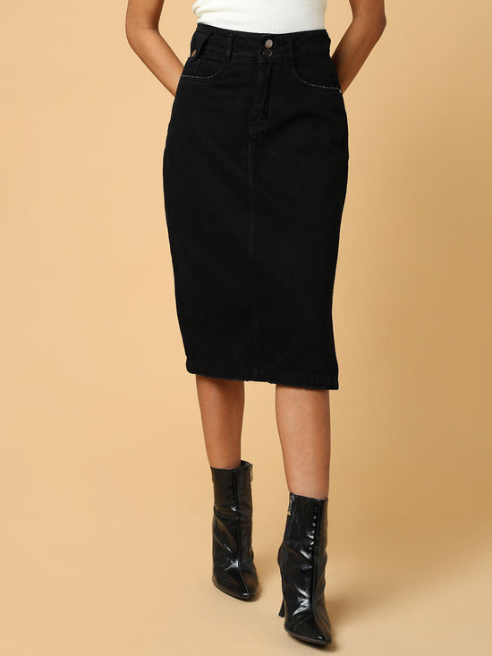 Women Solid Black Pencil Denim Skirt-IM-10144-Black