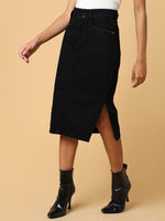 Women Solid Black Pencil Denim Skirt-IM-10144-Black