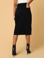 Women Solid Black Pencil Denim Skirt-IM-10144-Black