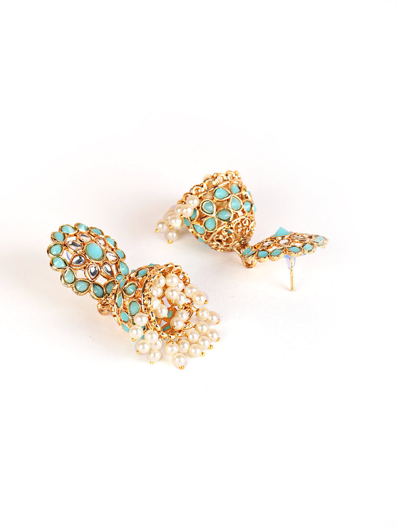 Flora Shaped Gold-Plated Stone Studded & Beaded Jhumka Earrings