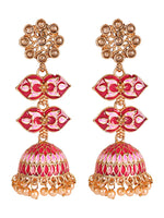 Gold Plated Floral Shaped Dome Pink & White Minakari Drop Earrings
