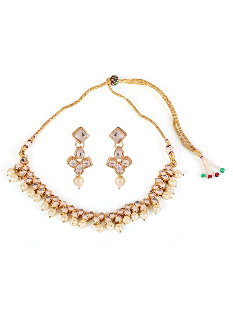 Gold-Toned & White Contemporary Kundan Studded & Pearl Beaded Jewellery Set