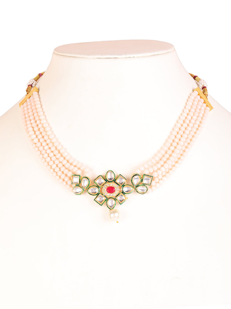 Gold-Plated PeachPink & Green Kundan-Studded & Beaded Handcrafted Jewellery Set