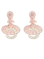 Mint Green & Rose Gold-Plated American Diamond Crescent Shaped Drop Earrings
