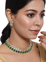 Gold Toned Kundan & Green Beads Jewellery Set