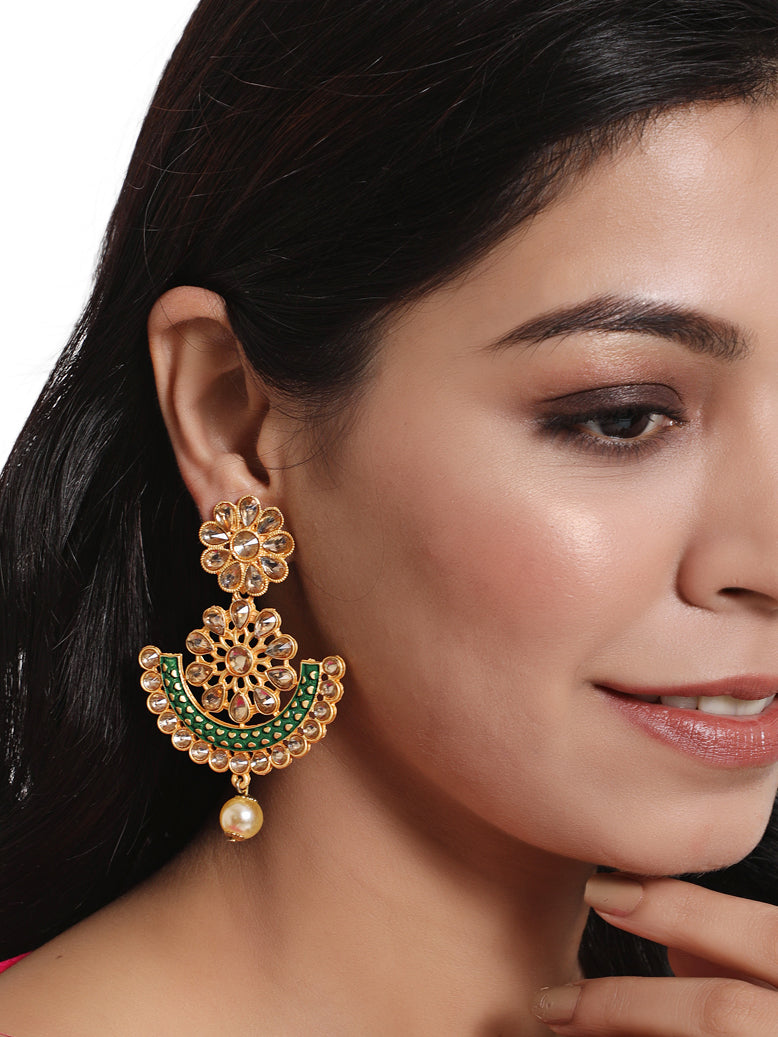 Aatmana Floral Dome Shaped Gold- Plated Green Pearl Drop Chand Bali Earrings