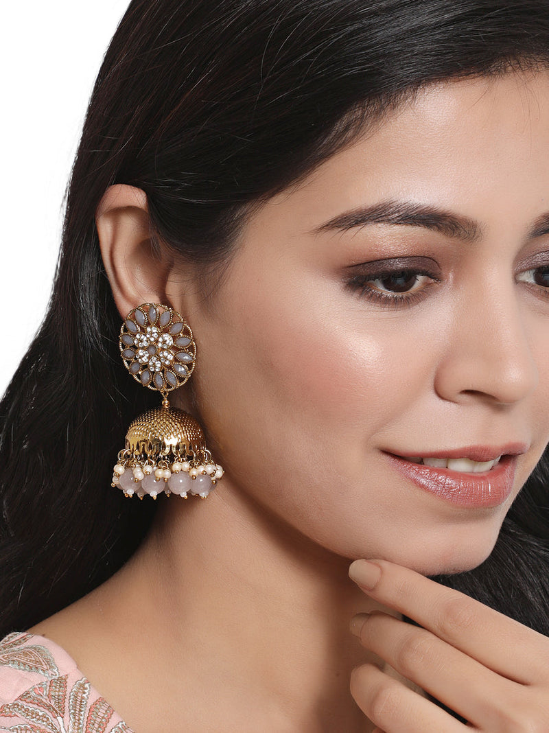 Grey Antique Gold-Plated Studded Dome Shaped Jhumkas