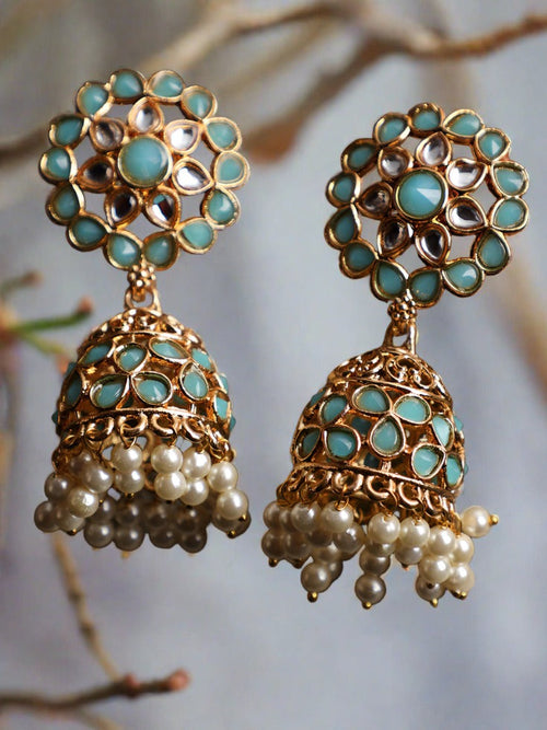 Flora Shaped Gold-Plated Stone Studded & Beaded Jhumka Earrings