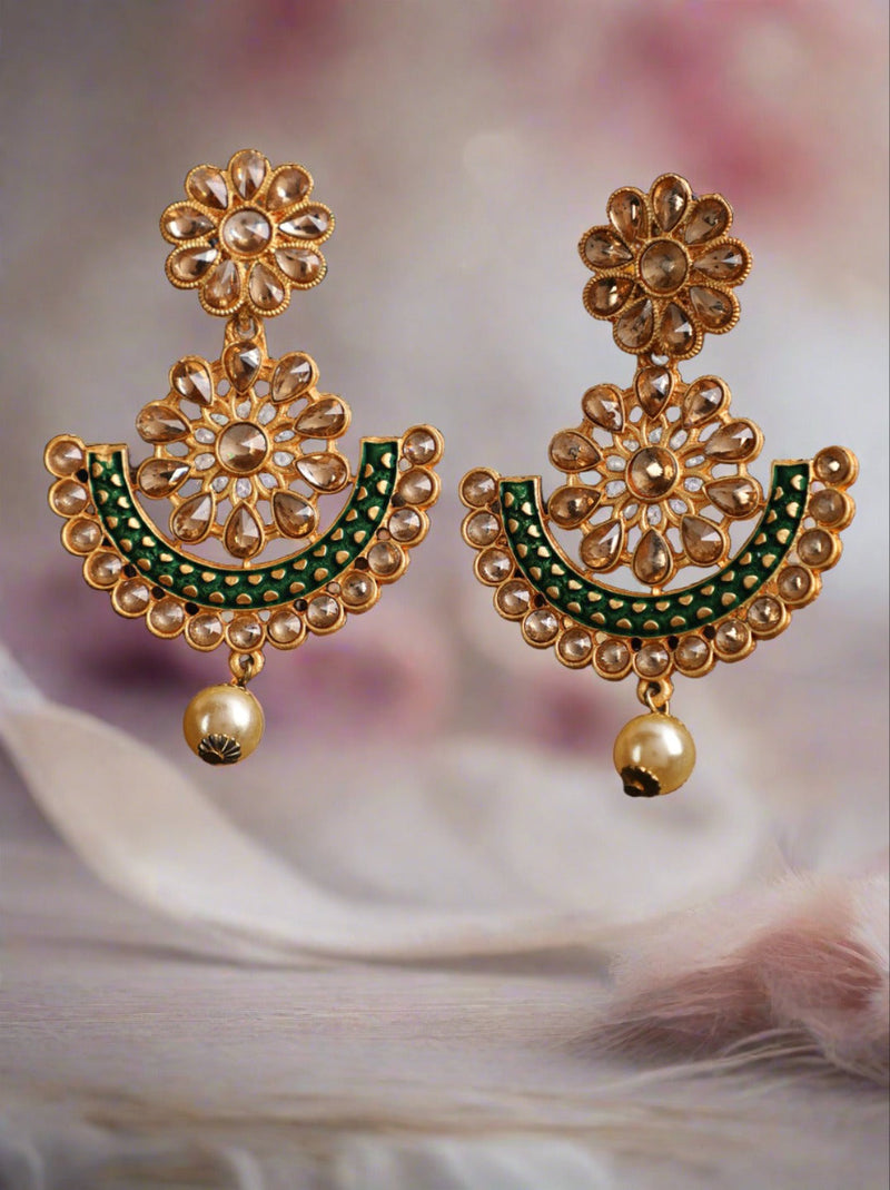 Aatmana Floral Dome Shaped Gold- Plated Green Pearl Drop Chand Bali Earrings