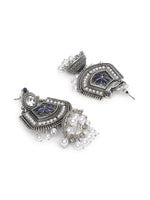 Blue Kundan & White Pearl Beaded Floral Ethnic Jhumka Drop Earrings