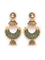 Green & Gold-Toned Dome Shaped Jhumka Earrings