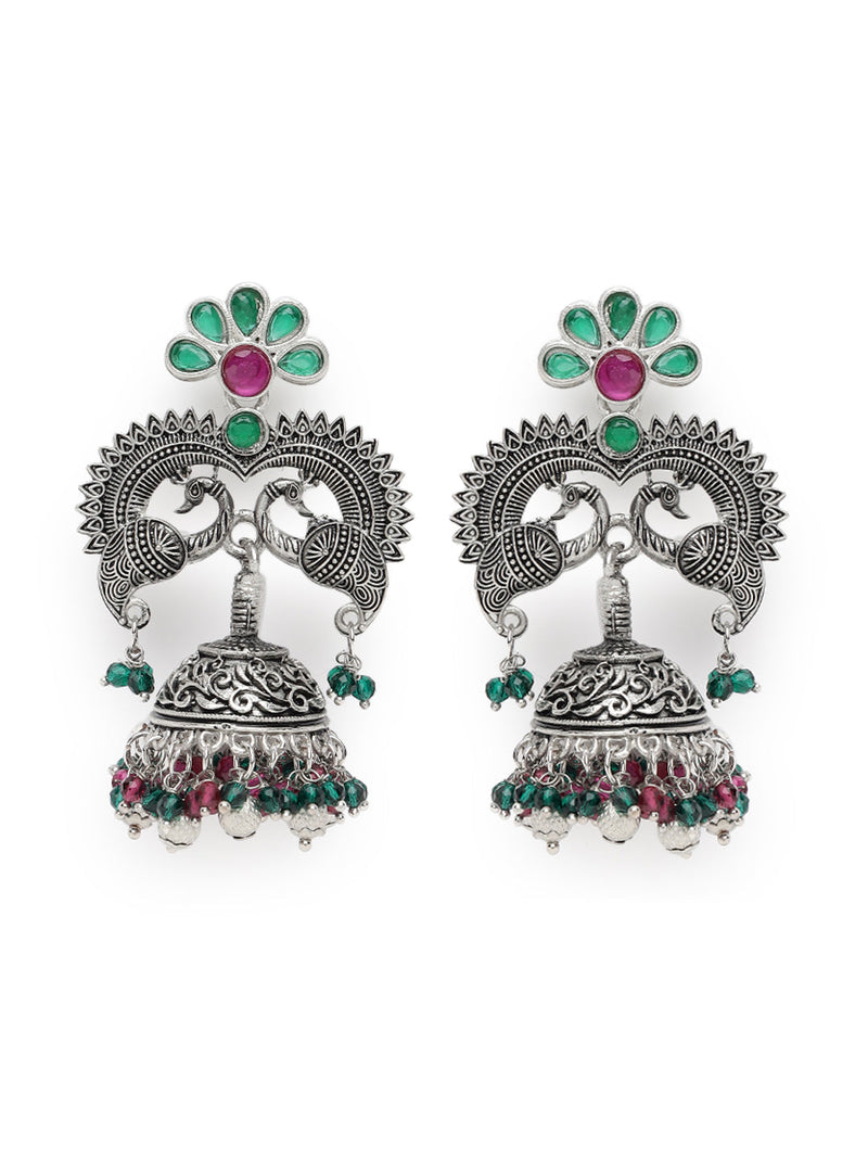 Pink & Green Stone Studded & Silver-Plated Peacock Shaped Beaded Jhumkas