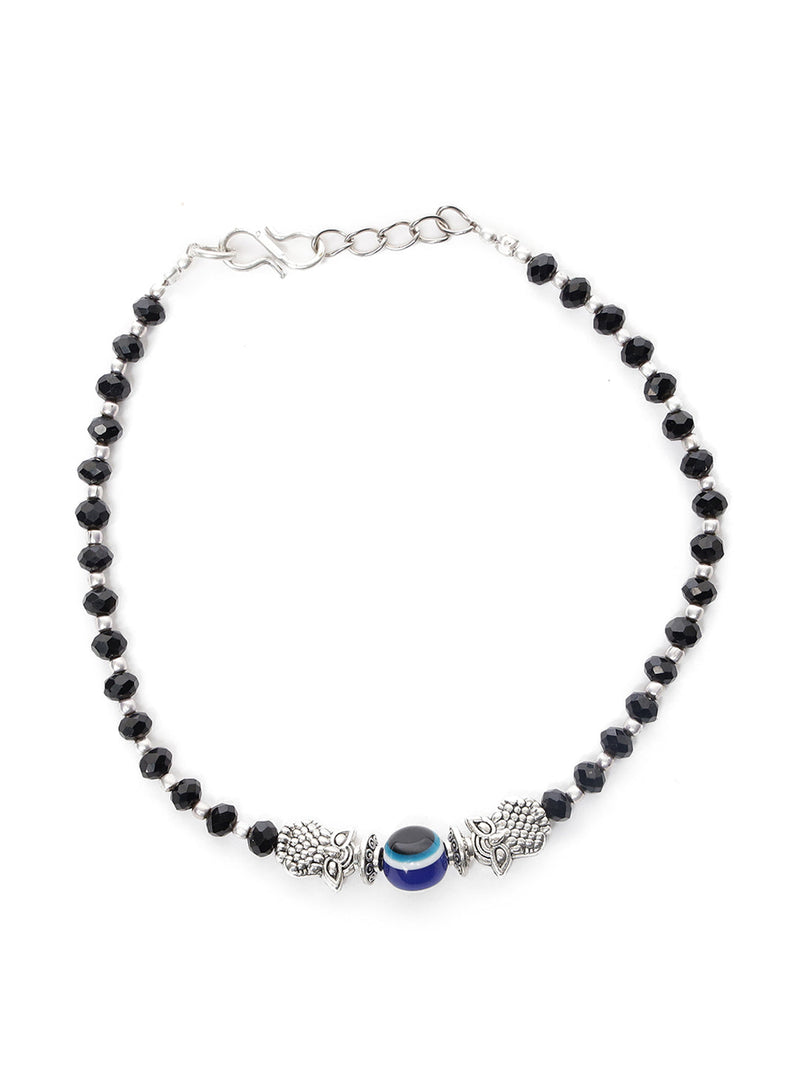 Silver-Plated & Black Beaded Handcrafted Owl & Evil Eye Anklet