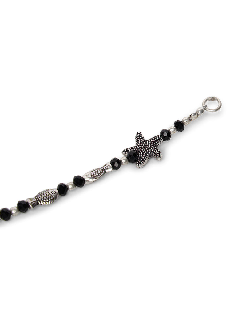 Silver-Plated & Black Beaded Handcrafted Starfish_Fish Anklet