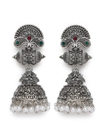 Oxidised Peacock shaped Silver-Plated Red & Green Stone Studded & Beaded Jhumkas
