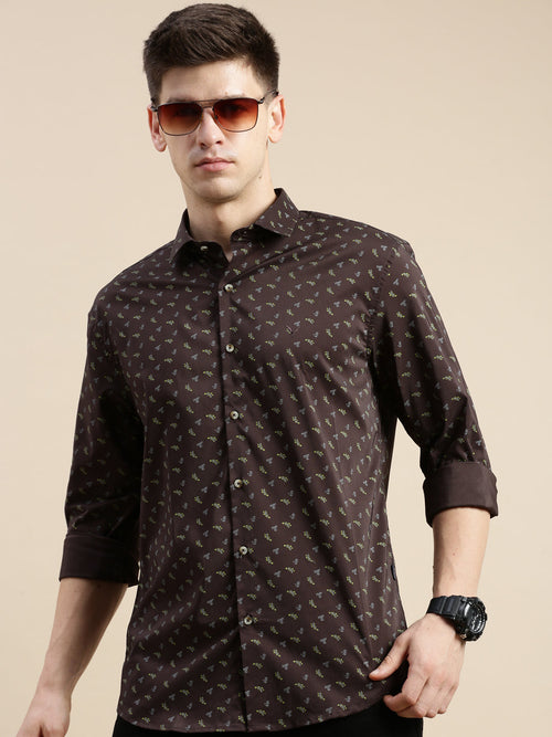 Men Spread Collar Printed Coffee Brown Shirt-Ikigaiprints-8820-Coffeebrown