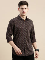 Men Spread Collar Printed Coffee Brown Shirt-Ikigaiprints-8820-Coffeebrown