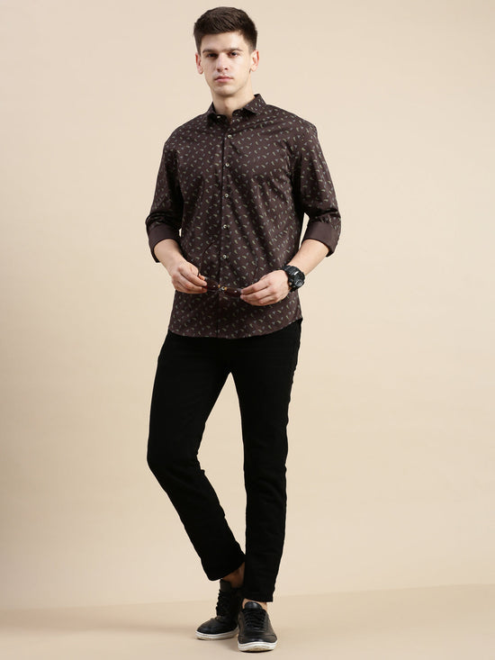 Men Spread Collar Printed Coffee Brown Shirt-Ikigaiprints-8820-Coffeebrown