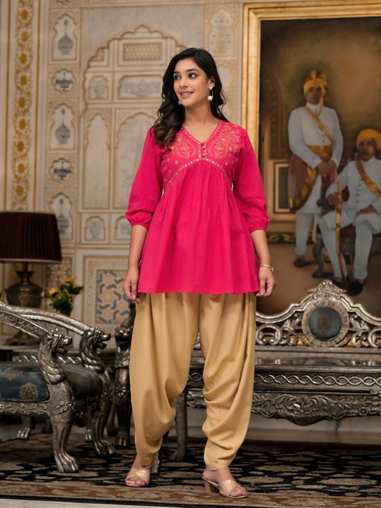 Juniper Fuchsia Embroidered Cotton Women Tunic And Pant Co-Ord Set With Mirror & Zari Work-J4602_J4639FUCHSIA