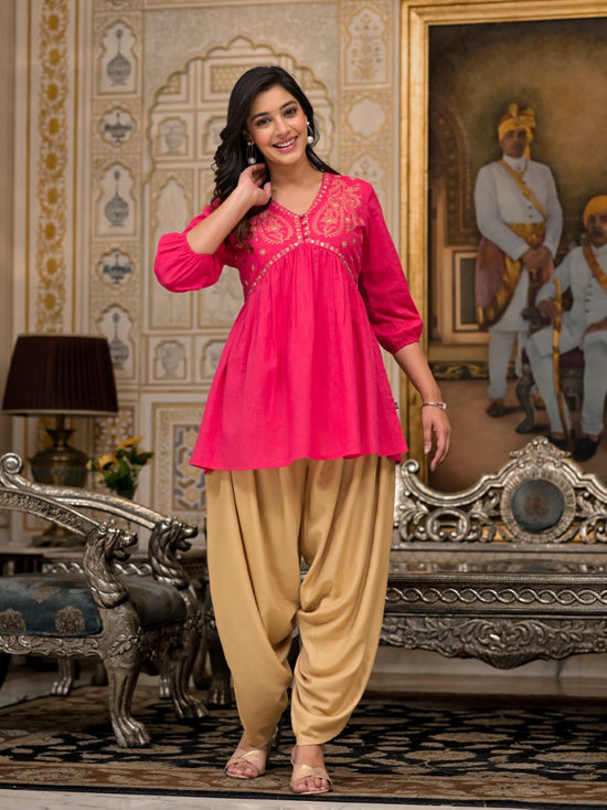 Juniper Fuchsia Embroidered Cotton Women Tunic And Pant Co-Ord Set With Mirror & Zari Work-J4602_J4639FUCHSIA