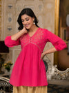 Juniper Fuchsia Embroidered Cotton Women Tunic And Pant Co-Ord Set With Mirror & Zari Work-J4602_J4639FUCHSIA