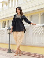 Juniper Black Ethnic Motif Printed Tunic & Dhoti Pant Co-Ord Set For Women With Zari Embroidery-J4603_J4640BLACK