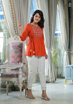 Red Floral Printed Liva Rayon Tunic With Thread Work Embroidery-J4604RED