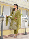 Juniper Olive Green Ethnic Motif Printed Viscose Kurta, Pant And Dupatta Set With Gota Patti Work-J4621OLIVE