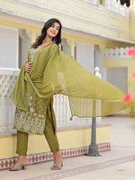 Juniper Olive Green Ethnic Motif Printed Viscose Kurta, Pant And Dupatta Set With Gota Patti Work-J4621OLIVE