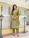 Juniper Olive Green Ethnic Motif Printed Viscose Kurta, Pant And Dupatta Set With Gota Patti Work-J4621OLIVE