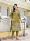 Juniper Olive Green Ethnic Motif Printed Viscose Kurta, Pant And Dupatta Set With Gota Patti Work-J4621OLIVE