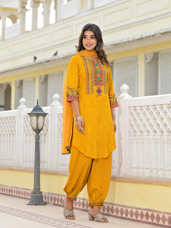 Juniper Mustard Ethnic Motif Printed Kurta, Pant And Dupatta Set With Tassels & Buttons.-J4631MUSTARD