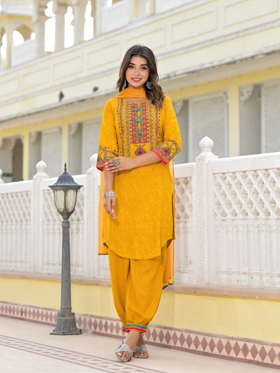 Juniper Mustard Ethnic Motif Printed Kurta, Pant And Dupatta Set With Tassels & Buttons.-J4631MUSTARD