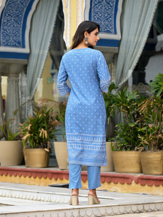 Blue Ethnic Motif Printed Liva Rayon Kurta Pant And Dupatta Set With Beads Sequins & Lace-J4632BLUE