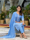 Blue Ethnic Motif Printed Liva Rayon Kurta Pant And Dupatta Set With Beads Sequins & Lace-J4632BLUE