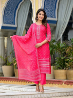 Pink Ethnic Motif Printed Liva Rayon Kurta Pant And Dupatta Set With Beads Sequins & Lace-J4632PINK