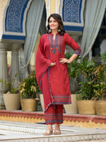 Red Ethnic Motif Printed Liva Rayon Kurta Pant And Dupatta Set With Coins & Sequins-J4633RED