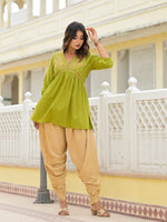 Juniper Women Gold Ethnic Motif Printed Cotton Top And Pant Co-Ord Set With Zari Work-J4635OLIVE