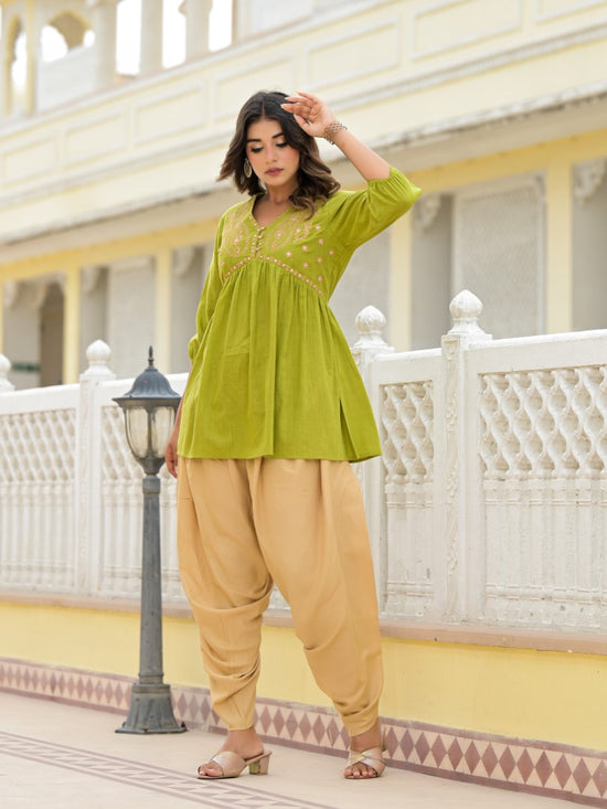 Juniper Women Gold Ethnic Motif Printed Cotton Top And Pant Co-Ord Set With Zari Work-J4635OLIVE