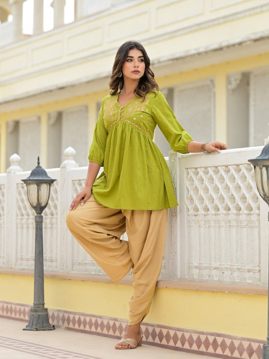 Juniper Women Gold Ethnic Motif Printed Cotton Top And Pant Co-Ord Set With Zari Work-J4635OLIVE