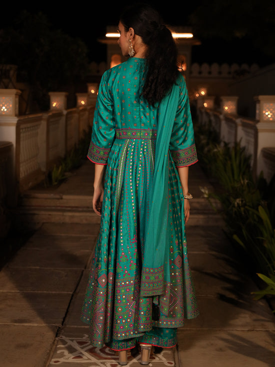 Sea Green Ethnic Motif Printed Slub Satin Kurta Pant And Chiffon Dupatta Set With Buttons & Lace-J4637SEAGREEN