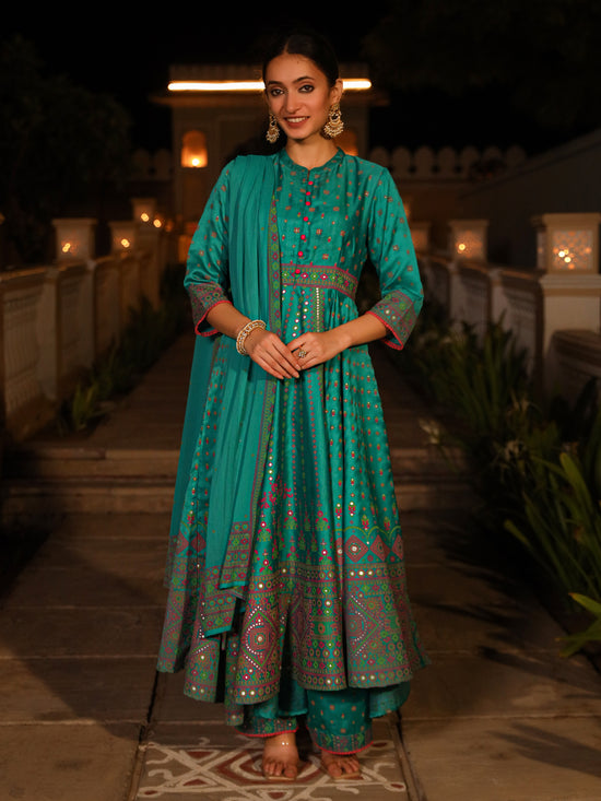 Sea Green Ethnic Motif Printed Slub Satin Kurta Pant And Chiffon Dupatta Set With Buttons & Lace-J4637SEAGREEN